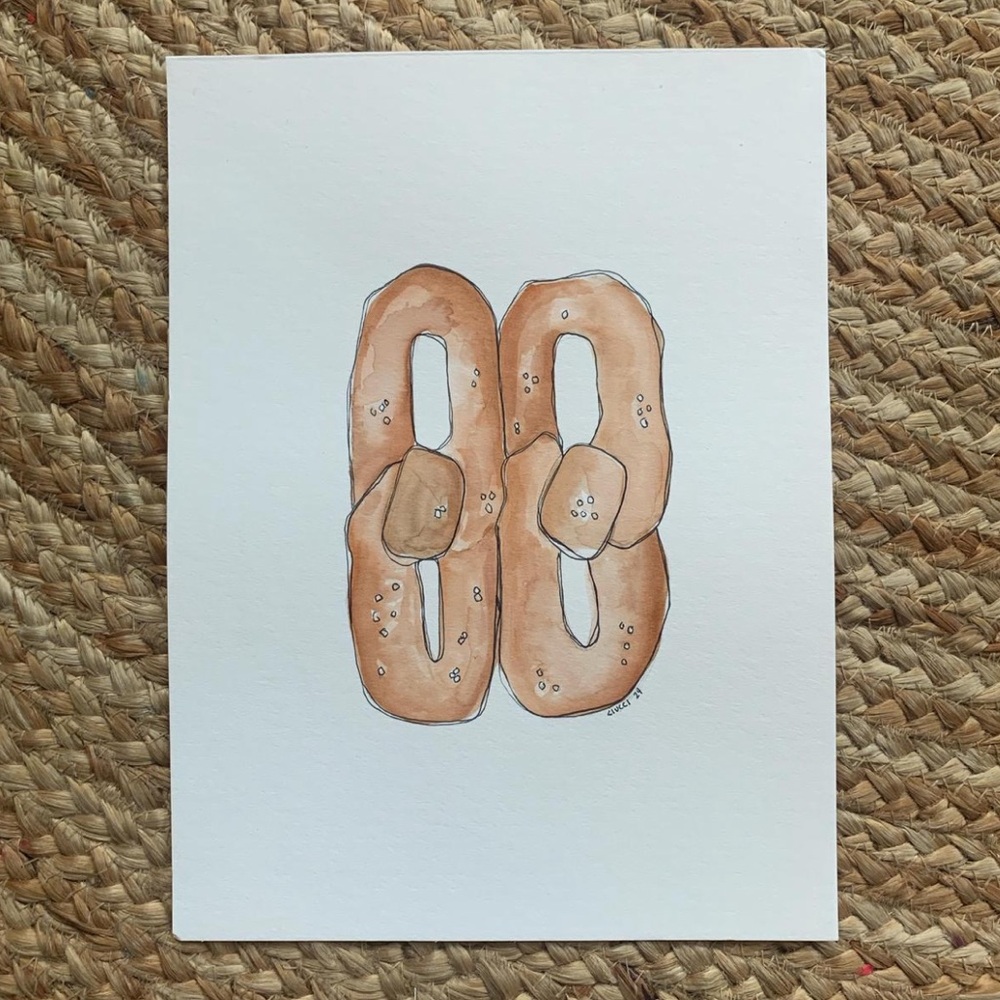 Philly Pretzel Watercolor Painting Original Art Signed - Philadelphia - Go Birds